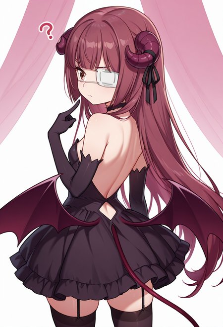 Smooth Quality,masterpiece,very intricate, high quality details, ultra realistic, high detailed skin,detailed enviorement,absurdres,
pointing at self,
 <lora:Hanazono_Yurine_CNR:0.8> yurine_cnr, brown hair,very long hair, brown eyes, medical eyepatch, frown, 
yurine_succubus_cnr, demon girl, curled horns, demon wings, low wings, demon tail, navel cutout, black dress, strapless dress, elbow gloves,black thighhighs, garter straps,black choker, hair ribbon, simple background, white background, from behind,solo,, confused,