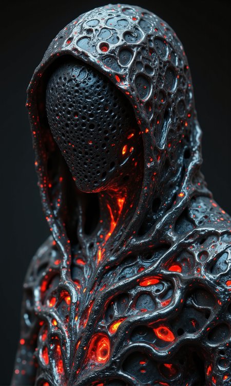 dark eldritch entity shrouded in a hooded cloak, its form shifting and twisting like living coral. The creature’s body is made of an organic, porous material, with countless holes forming eerie, unnatural patterns. Its face is obscured by the deep shadows of the hood, leaving only an unsettling void. The texture of its body is a mix of chitinous ridges and liquid-like structures, as if frozen mid-motion. The surface of the entity is primarily deep charcoal gray, but veins of glowing crimson and eerie green pulsate through its porous structure, casting an ominous light. The red glow seems to emanate like embers from within, while the green has a toxic, almost radioactive hue. The cloak is a muted black with faint streaks of crimson light reflecting off its edges, adding an otherworldly vibrancy to the darkness. The glowing elements create a ghostly contrast against the shadows, emphasizing its unnatural presence.