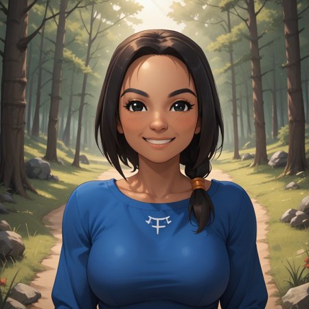 score_9, score_8, BREAK, solo, 1girl, black hair, black eyes, black eyebrows, blush, dark skin, dark skin female, dark blue clothing, black pants, shoes, breasts, Yunyun_(Wii_Sports), cute, tall, thin, skinny, adult female, mature female, sexy pose, self portrait, smile, outdoors, sunlight, shadows, evening lighting, natural lighting, forest, trees, grass, orange sky, sunset