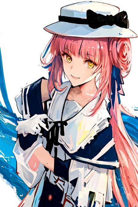 solo_focus, 1girl, ((white background, simple background)):2, (((masterpiece))), ((best quality)), ((ultra-detailed)), high resolution, absurdres, highres, ultra-detailed 8k unity wallpaper, 
ceylon_arknights, long_hair, bangs, pink_hair, feather_hair, feathers, hat, white_headwear, yellow_eyes, blue_feathers, bow, hair_bun, hat_bow, smile, black_bow