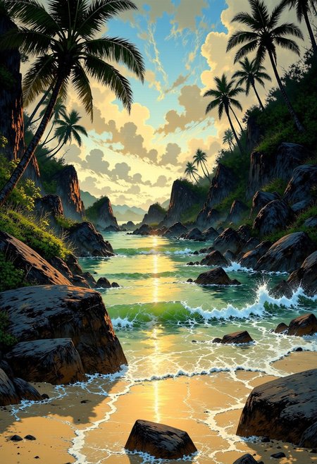 Seychelles Hidden Cove – Sunlit Granite Boulders & Emerald Sea
"A secluded cove in the Seychelles, where massive granite boulders glow under the warm golden sunlight. The emerald-green sea gently kisses the powdery white sand, creating a mesmerizing contrast. Palm fronds sway lazily, their shadows dancing on the shore as the sun dips lower, casting a soft, diffused light across the tropical paradise."