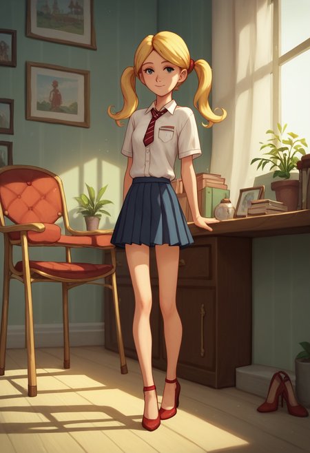 score_9, score_8_up, score_7_up, score_6_up, score_5_up, 1girl, solo, full body,
masterpiece, best quality, absurdes,
<lora:Mean Girl Stole My Work - Instant Karma (Storybooth) (Pony):0.9>
MeanGirl_InstantKarma_Storybooth, blonde hair, pigtails, twintails, long hair,
shirt, pleated skirt, high heels,
detailed background, indoors, bedroom,
<lora:Expressive_H:0.7> Expressiveh,
<lora:add-detail-xl:0.9>