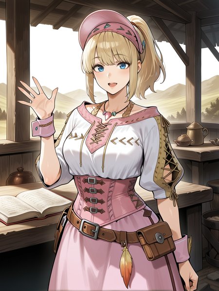 1girl,solo,counter, open hand, monster hunter \(series\),open book,open mouth,hand up,lips,ponytail, blonde hair,pink headdress,pink necklace,pink cross-laced clothes,pink corset,pink wrist cuffs,brown belt,pink long skirt,camp,looking at viewer,
masterpiece,best quality,amazing quality,very aesthetic,absurdres,newest,<lora:Felicita & Clerk Suit Armor illuXL v1:0.75>,