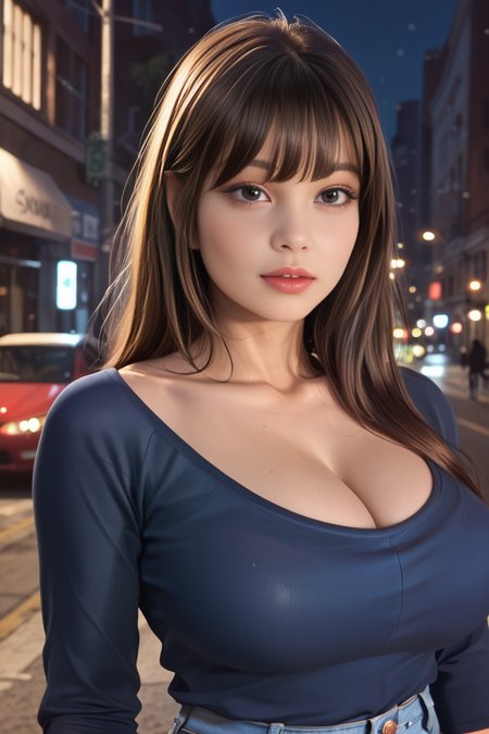 score_9, score_8, score_7, high quality, 1 woman, <lora:SooJungDove2:1>, SooJungDove, choppy bangs, brown hair, perfect eyes, large breasts, natural beauty, sexy body, long sleeved v-neck dark blue shirt, jeans, looking at viewer, city street, late at night, realistic, high quality face, zPDXL2