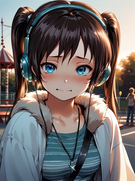 (solo focus, cowboy shot:1.2) <lora:happy_tentacle-mayu-v0.1-000033:1>, ht_mayu, headphones, blue eyes, medium breasts (petite:1.2), <lora:Shed_The_Skin's StS_age_slider_v1_initial_release:-1.25> ( (fur trim :1.1) :1.1) jewelry, necklace, earrings, bracelet ( ( head tilt :0.8) , , (embarrassed :1.2) , seductive smile , (looking at another:1.2) :1) , outdoors, vegetation, ( :1.1), spring \(season\) , (dusk :0.6), (cloudy sky:0.6) , (:0.5), , (gothic architecture :0.8), (playground:1.2), park, (horizontal bar, slide, seesaw, swing set, playing:0.6), ( :0.8) score_9, score_8_up, score_7_up, score_6_up, score_5_up, score_4_up, ( [(realistic, photorealistic:1.3):(realistic:1.3):20] [(3d:1.2)::14] :1) <lora:LUUNA's Lunas-NijiJourney-SDXL-B2:0.35>, nijijourney <lora:prgfrg23's Counterfeit-V3.0 Style SDXL_LoRA_Pony Diffusion V6 XL:0.5> <lora:mfcg's mfcgXL:0.12> <lora:reweik's gyokai(himehajime)_PonyXL_style_v01:0.14>