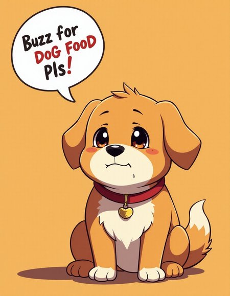 anime artwork sad dog speech bubble that says " buzz for dog food pls " , . anime style, key visual, vibrant, studio anime,  highly detailed