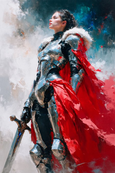 art by greg manchess, huang guangjian, gil elvgren and Chuah Thean Teng, digital art, In a world where armor is not your average thing, a woman dressed in sleek silver and black leather stands tall, gazing intently into the distance. Her eyes are fixed on the canvas as she gazes out at the vast expanse of space, her fur bristling with excitement. She wears an intense red cape and wields a powerful sword, carrying intricate gears and wires that seem to pulse and dance with each passing moment. The background is a swirling mass of colors, perfect skin