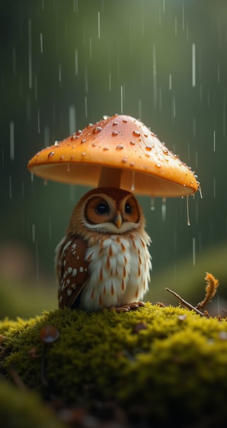 A photorealistic image with artistic enhancements captures a small, endearing owl sheltered beneath a vibrant, burnt-orange mushroom in the midst of a gentle rain shower, rendered in a style that merges Nature Photography, Whimsical Wildlife Art, and Bokeh Cinematography. The scene exudes a serene and slightly magical atmosphere, as the owl, with its soft brown and white mottled feathers, peers upward with a gentle, almost curious expression, seemingly content under its natural umbrella. The owl's feathers are delicately textured, each strand catching the soft, diffused light, which highlights their slightly damp appearance from the rain. The mushroom, with its smooth, glossy cap, stands tall and vibrant, its bright orange hue contrasting beautifully with the surrounding natural tones of green moss and soft brown feathers. The mushroom's cap curves gently, showing off its pale gills underneath, and provides just enough cover for the small owl, adding a whimsical touch to the composition. The rain, depicted as soft, vertical streaks, interacts with both the mushroom and the owl, creating tiny splashes and further enhancing the sense of a fresh, rainy forest scene. The ground, covered in lush, thick moss, ranges in color from deep forest green to lighter yellowish tones, with small leaves and twigs scattered throughout, adding detail and grounding the scene in a natural, earthy environment. The background, with its soft, blurred bokeh effect, shifts from dark greens and browns to lighter tones, creating depth and isolating the owl and mushroom, emphasizing their importance in the composition. The overall mood is peaceful and endearing, capturing a quiet moment in nature where even the smallest creatures find shelter and contentment amidst the elements.