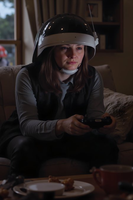 A hyper-realistic close-up of a female Rebel Trooper sitting in a cozy living room on a couch, trying to play a video game on a modern Earth console, her helmet on. Her face is lit up by the glow of the TV screen, and her hands fumble with the unfamiliar controller, her blaster leaning against the coffee table in front of her. The background shows a casual, relaxed home setting with soft lighting, snacks on the table, and a half-finished cup of coffee nearby. Realistic pixelated game characters are reflected in her wide eyes as she leans forward, completely engrossed in the game.<lora:REBEL_TROOPER_FLUX><lora:Flux DetailerV2><lora:aidmaMJ6.1-FLUX-V0.1:0.6><lora:Movie_Portrait>