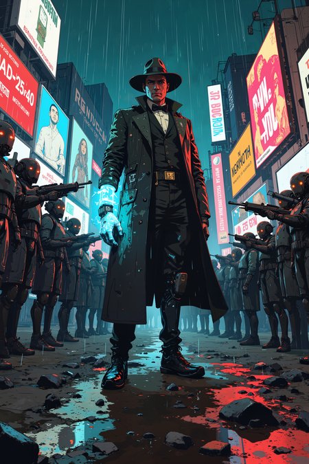 In the rain-slicked ruins of a futuristic city, a lone figure in a high-tech trench coat stands defiantly against a dozen robotic enforcers. His cybernetic arm crackles with blue energy, illuminating his scarred face beneath a wide-brimmed, old-fashioned hat. The neon billboards around him glitch, displaying conflicting messages from different time periodsâancient hieroglyphs flickering over retro â80s advertisements and futuristic stock tickers. His wristwatch, impossibly complex, shows multiple times at once, all counting down toward an inevitable climax. The rain falls in slow motion, each droplet refracting a different timeline as if the universe itself is fraying at the seams. The robots, sleek and expressionless, raise their plasma rifles, their red eyes locking onto him in eerie synchronization. His smirk is one of a man who has seen the end alreadyâand plans to change it. ,in the style of cksc,anime, cyberpunk, DB4RZ, DB4RZ style painting <lora:CPA:0.5><lora:FLUX-daubrez-DB4RZ:0.3><lora:Luminous_Shadowscape-000016:0.3><lora:ck-shadow-circuit-000021:0.35>