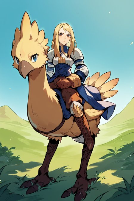 score_9, score_8_up, score_7_up, score_6_up, source_anime, 1girl, solo BREAK  <lora:agrias-pdxl-nvwls-v1-000005:0.9> agrias, blonde hair, brown eyes, braided ponytail, shoulder armor, armor, corset, brown pants, brown gloves, knee pads, boots  <lora:chocobo-pdxl-nvwls-v1-000004:1> a girl riding a chocobo, riding, field, blue sky, looking at you