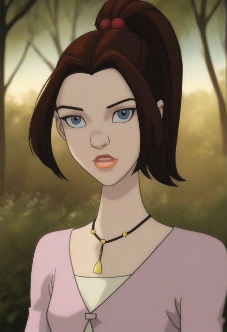 score_9, score_8_up, score_7_up, realistic photo of ktprd, 18-year-old 1girl, unique angle, unique framing, upper body,  face focus, (looking at viewer), parted lips, 1girl, brown hair, high ponytail, orange lips, blue eyes, cord necklace, pink one-button cardigan, cream t-shirt, by loish, masterpiece, lips parted, slim figure, petite, (outdoors, park, blurred background, shadowed background), side lighting, warm lights, uncensored,