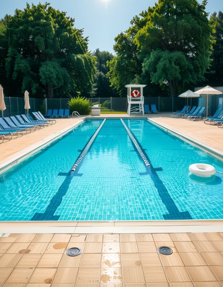 A large public swimming pool on a sunny day, completely empty of people. The clear blue water is still, reflecting the bright sky. Sunlight creates shimmering patterns on the tiled pool floor. The pool deck is lined with neatly arranged lounge chairs and colorful umbrellas. A lifeguard chair stands vacant at the poolside. Surrounding the area, lush green trees and well-maintained landscaping add a sense of tranquility. The atmosphere is calm and serene, with no movement except for the gentle ripples in the water.
<lora:SDXLFaeTastic2400:0.4> <lora:extremely_detailed:0.4> extremely detailed, <lora:public_swimming_p00l:1>,public swimming p00l, Masterpiece,best quality,hi res,8k,hi res,8k,award winning,(sharp focus, intricate, highly detailed),