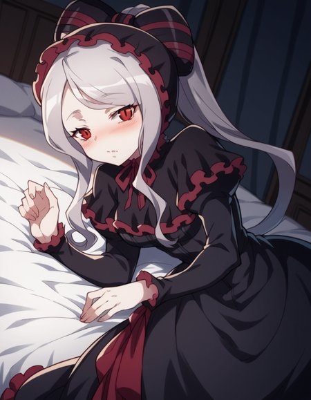 score_9, score_8_up, score_7_up, source_anime,
shalltear, <lora:shalltear-bloodfallen-s1s2-ponyxl-lora-nochekaiser:1>,
shalltear, grey hair, long hair, red eyes, silver hair,
black dress, bonnet, bow, dress, frilled dress, frills, large bow, long sleeves, vampire,
indoors, bed, bed room, on side, blush, drunk,
looking at viewer, cowboy shot, solo, dutch angle,