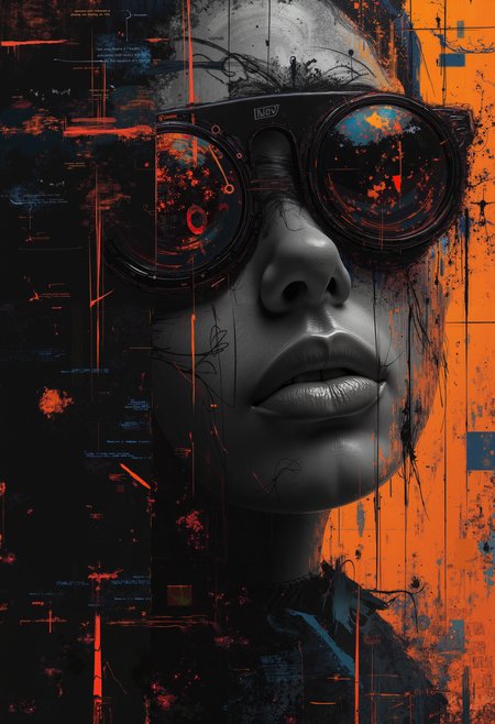 partially blended with abstract digital elements. The scene has a dark, moody ambiance. The background features layers of glitch art, fragmented texts, and metallic textures. contrasting against the monochromatic tones of black, grey, and hints of blue. Smudged paint and scratches add a sense of decay and technology, aidmaMJ6.1, bo-abyss, a digital painting in a vibrant, abstract style, it features a close-up portrait of a human face with a sleek, minimalist design, the subject's expression is neutral, with a slight hint of seriousness, and their lips are full and slightly parted, the background is a mix of black and orange hues, creating a chaotic yet striking contrast, the central focus is on a pair of large, round, reflective sunglasses that reflect the light, giving them a futuristic, cybernetic appearance, the sunglasses are black with a glossy, reflective surface, and the lenses are reflecting a warm, glowing red light, adding a sense of intensity and contrast to the otherwise monochromatic image, the texture of the painting is rough and textured, with visible brushstrokes and splashes of orange and black, enhancing the sense of depth and realism, the overall composition is dynamic, with the subject occupying the center of the frame, surrounded by a chaotic, abstract background that transitions from black to orange, with some areas appearing darker and more muted, adding depth and texture to the scene, the artwork is highly polished, with meticulous attention to detail, making it a captivating and immersive piece of art<lora:Flux\aidmaMJ6.1-FLUX-v0.4.safetensors:0.8:0.8> <lora:Flux\boFLUX digital-abyss.safetensors:1.0:1.0>
