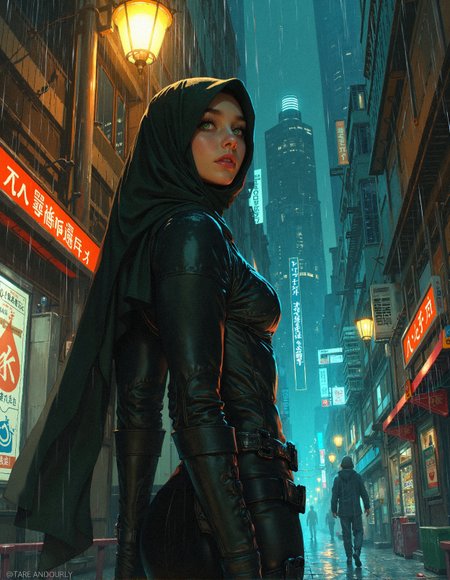 Comic book illustration,
A cel-shaded anime illustration of a lone woman standing beneath a dimly flickering streetlamp, one hand resting on her hip while the other lifts the edge of her hijab slightly, her piercing green eyes scanning the rainy cyberpunk district. Her smooth black hijab flows down her back, rain droplets sliding off its surface, the wet fabric clinging slightly to her elegant form. She wears a sleek black bodysuit with reinforced stitching, subtle glowing accents along the seams, and high-tech gloves fitted with faint neon circuits. The background features a labyrinth of towering buildings, their windows glowing with digital advertisements in foreign scripts, neon-blue mist rising from vents, and distant figures moving through the rain-slicked alleyways. The cel-shading aesthetic enhances the contrast between the deep shadows and the artificial lighting, giving her an aura of quiet strength and mystery.
 <lora:MoriiMee_Gothic_Niji_Style_FLUX:0.45> <lora:realism_lora_comfy_flux_converted:0.6>