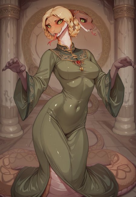 masterpiece,best quality,amazing quality, indoors, pillar
<lora:Anthropomorphic_snakes_Naga:1> anthropomorphic_snakes_(naga), 
ry4, blonde hair, braid, green eyes, braided hair rings, mole under mouth, slit pupils, solo
green dress, wide sleeves
smile, forked tongue, long tongue, tongue out, open mouth
snake pose, fighting stance, standing,
dynamic pose, dutch angle, dynamic angle
<lora:Rya:1>,  <lora:forkedtongue_Illust_v1:1>,  <lora:LoRASnakePoseNoobAIXLvPred:1>,  <lora:Chinoiserie_Illu_Style:1> Chinoiserie, no humans, colored skin, fangs, facial mark, slit pupils, furry, colored sclera, black sclera, snake, scales, furry female, multicolored skin, snake girl, alien, lamia, squama, Snakegirl, Chinoiserie,  <lora:reptiloids_sdxl_v05_495-15-0:0.4> reptiloid, snake head,