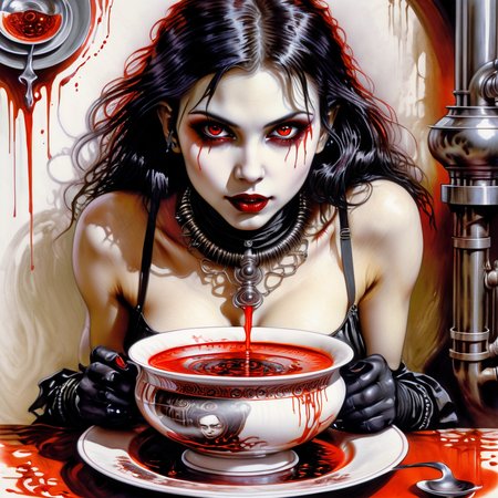 drawix11 beautiful vampire girl over a plate of soup, containers with red liquid around, pipes penetrating the plate, piercing gaze, red eyes, by Giger<lora:drawix11:1>