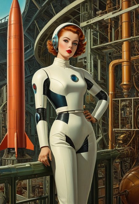 High-angle shot full length oil painting, etching, robot girl retro science fiction pinup girl, wearing a spacesuit , narrow waist, narrow hips, surreal perspective, unusual architecture, robot skin, vintage rocket background, short curly tousled hair, lipstick, eye liner, great legs, hyperdetailed, fine line details, antique art fantasy, viewed from above,