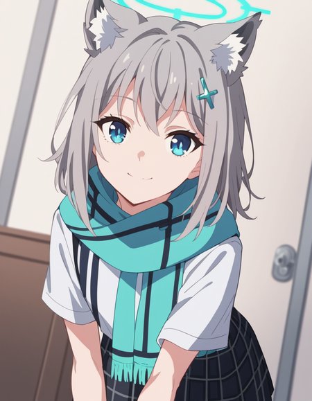 score_9, score_8_up, score_7_up, source_anime, <lora:shiro-sunaookami-s1-ponyxl-lora-nochekaiser:1>, shiroko sunaookami, animal ears, blue eyes, grey hair, hair ornament, hairpin, halo, medium hair, wolf ears,, checkered clothes, checkered skirt, school uniform, skirt, scarf,, indoors, bent over, smile,, looking at viewer, solo, cowboy shot, dutch angle