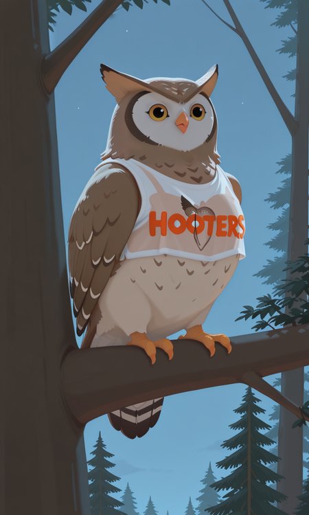 embedding:IllusP0s, g00se, owl, wearing, hooters shirt, no humans, on branch, tree, night<lora:g00se_v2_ill.safetensors:0.9:0.9>