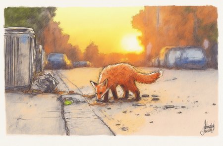 Sharp image of a rough sketch, rendered in vibrant multi colour ballpoint pen, capturing the adorable features of a red fox standing on a street at sunset. The fox is facing towards the right side of the image and appears to be sniffing the ground. The street is covered in trash and debris, and there is a trash can on the left side. The background is blurred, but it seems to be a city street with cars and buildings. The sky is orange and yellow, indicating that it is either sunrise or sunset.  p3nsk, <lora:p3nsk:1>