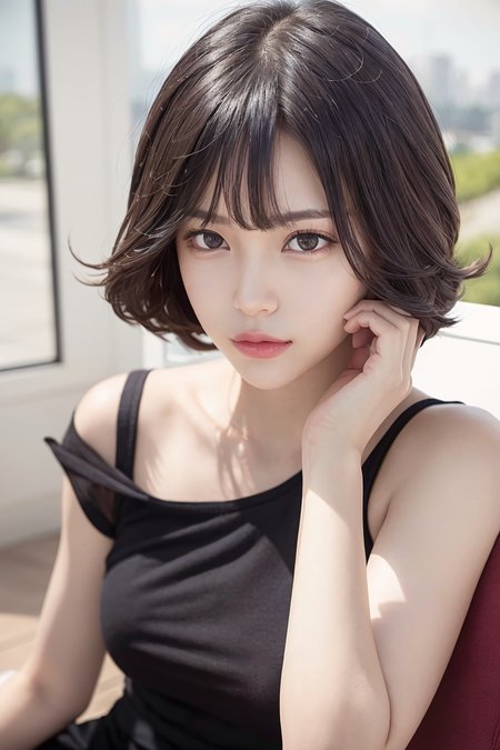 (RAW photo, best quality), (realistic, photo-realistic:1.3), masterpiece, an extremely delicate and beautiful, extremely detailed, CG, unity, 8k, amazing, finely detail, ultra-detailed, highres, absurdres, soft light, (black hair, short hair, curly hair, messy hair, bangs), beautiful detailed girl, detailed fingers, extremely detailed eyes and face, beautiful detailed nose, beautiful detailed eyes, (light on face), looking at viewer, (closed mouth:1.2), 1girl, cute, young, mature face, pale skin, (half body:1.3, sitting), (medium breasts), realistic face, realistic body, beautiful detailed thigh, (ulzzang-6500-v1.1:0.6), <lora:koreanDollLikeness_v15:0.5>, black shirt,  <lora:kaomingStyleLora_kaomingStyleV1:0.6>, (semi smile:1.3),