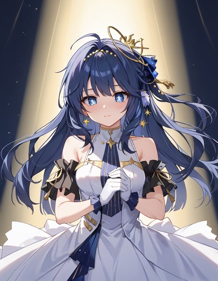 Volumetric Lighting, (masterpiece), (best quality), (ultra-detailed), masterpiece, source_anime, score_9, score_8_up, score_7_up BREAK, light depth, dramatic atmospheric lighting, Volumetric Lighting, Astesia, long hair, blue hair, blue eyes BREAK, Asteidl, idl dress, idl hair ornament, idl detached sleeves, dil gloves,star (symbol) ,hair ornament BREAK, stage,spotlight, show,holding mic,mic,closed mouth,looking down,diamond shaped pupil,upper body