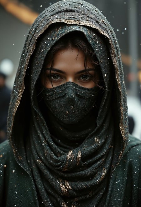 Super Closeup Portrait, heavy snowfall, a petite natural woman with delicate freckles scattered like stardust across her nose. She wears a skintight, dark green Norwegian-patterned wool bodysuit that clings to her form, paired with a wide, deeply shadowed hood that drapes far into her face, shrouding her features in soft mystery. Beneath the hood, a sleek, fully knitted Sci-Fi-inspired wool mask covers her face completely, its intricate yet minimalist texture glowing faintly with embedded threads. Her messy hair bun peeks subtly from beneath the hood, and her warm, inviting presence radiates despite the enigma of her concealed face. The snowstorm swirls around her, flakes catching in the textured fibers of her suit, while a dystopian, misty world looms behind. The scene is illuminated by warm, golden light breaking through the blizzard, creating a sensual interplay of softness and secrecy, captured in stunning detail with a Canon EOS.