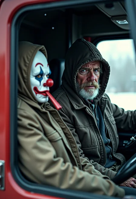 A depressed, sad, run-down, scary clown wearing a hooded winter parka has a side whistle in his mouth and  is sitting in the passenger seat next to a dirty old truck driver in the cabin of a semi truck. The truck driver is smoking a cigarette and looks visibly annoyed.
 The picture is taken from the perspective of in front of the semi truck, looking in through the windshield. It is snowing.
The image looks photorealistic with great attention to detail.
