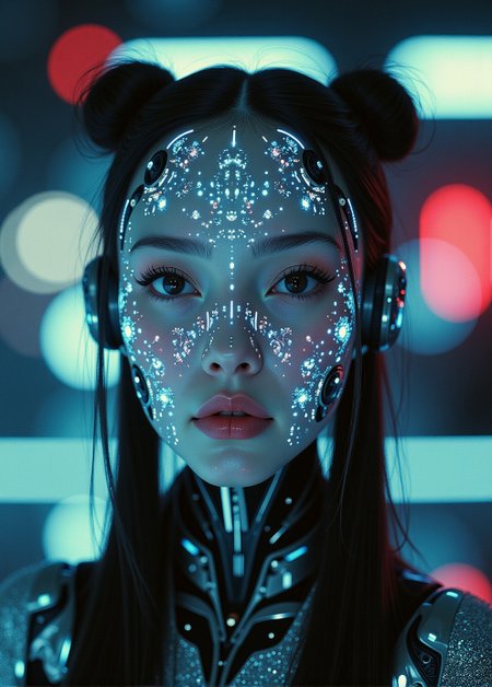 <lora:ck-Neurocore-Realistic-Cyborgs:1.0> in the style of ck-ncr,  image depicts a woman as an android cyborg with ceramic glowing bio ink face parts, full transparent glass head with intricate mechanical parts, long, dark hair styled in two high pigtails, Sci-fi movie
(style by George Shaw),shallow depth of field, vignette, (Fujicolor Superia X-TRA 400)
<lora:BioInk2FLUX:0.34>