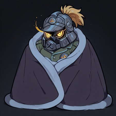 masterpiece, best quality, newest, absurdres, highres, blanket, (chibi), under covers, <lora:CozyBlanket_illusXL_Incrs_v1:1>, pajamas,  abstract,dark theme,ggstpot, muscular male,helmet, green jacket, ponytail, yellow eyes,,glowing eyes,eye trail