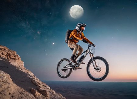 cinematic photo a boy is riding a futuristic bicycle, LowGravity, jumping from a cliff, astrounaut clothes, Moon landscape, on background, starts, galaxies, space environment, cinematic, epic, dramatic light, atmosphere, vivid colors, intricate, elegant, highly detailed, complex, professional, theatrical, very fine, sharp focus, fair, directed, extremely artistic, confident
 <lora:LowGravity-000016:.7>, , <lora:FILM_PHOTOGRAPHY_STYLE:0.25> . 35mm photograph, film, bokeh, professional, 4k, highly detailed