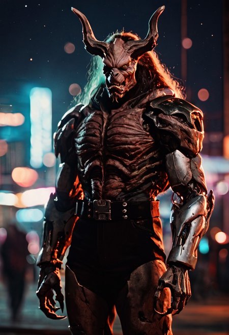 score_9, score_8_up, score_7_up, cyborg, ar3na1989, Kodak Motion Picture Film Style, alien robot, (neon purple light), bounty hunter, (bokeh), sci-fi, dark atmosphere, moody, horns claws, aesthetic,