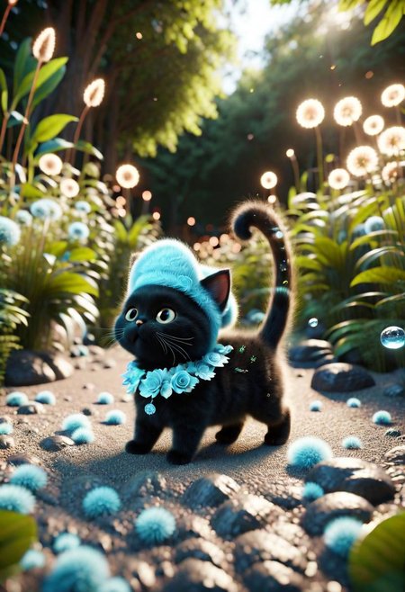 ral-fluff,<lora:ral-fluff:1>,
chibi,masterpiece,best quality,original,official art,black metallic cat,hat,flower,blurred background,rendering,beautiful detailed glow,(detailed ice),beautiful detailed water,sunny, blurred flower, happy