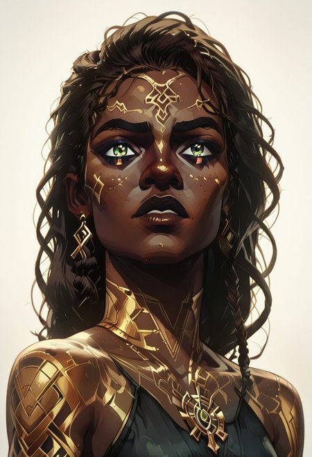score_9, score_8_up, score_8_up, solo focus, solo, female focus, ArcaneEyesV1, brown hair, dark hair
BREAK 1girl, MelMedardaEP7-9Outfit1, dark skin, dredlocks, very dark skin, earrings, long hair, jewelry, braid, tattoo,