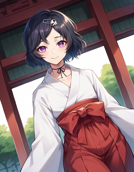 score_9, score_8_up, score_7_up, source_anime,
rukaurushibara, <lora:ruka-urushibara-ponyxl-lora-nochekaiser:1>,
ruka urushibara, black hair, choker, hair ornament, hairpin, male focus, otoko no ko, purple eyes, ribbon, ribbon choker, short hair, skull, skull hair ornament, trap,
japanese clothes, kimono, hakama, red hakama, white kimono, long sleeves,
outdoors, shrine, smile,
looking at viewer, cowboy shot, dutch angle,