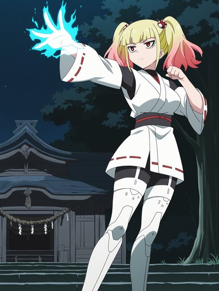 anime coloring, anime screenshot,
adult,25 years old, mature,
 <lora:YuriaNigured_LW:0.8>masterpiece, best quality, amazing quality, detailed, YuriaNigured_LW,blonde hair, multicolored hair, gradient hair, twintails, red eyes, pink hair, bangs, 
(science fiction),  futuristic miko outfit, 
armor, blue glow,dynamic pose, 
outdoors, shrine, serious, hand,outstretched arm, casting magic,
outdoors, night,