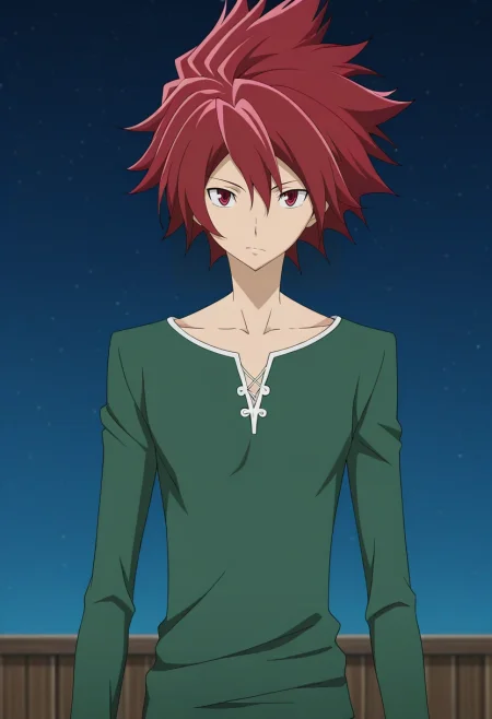 masterpiece, best quality, intricate details, anime screencap, anime coloring, official style, looking at viewer, 1boy, solo, male focus, <lora:takuto_tsunashi_ilxl:0.98>, takuto_tsunashi, red hair, red eyes, spiked hair, bangs, ,