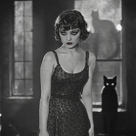 <lora:20s_Silent_MovieSDXL:1> ArsMovieStill, 20s Silent Movie Still, Black and White, The image is a black and white photograph of a young woman standing in a dimly lit room with a large window in the background. She is wearing a sleeveless dress with a high neckline and thin straps. Her hair is styled in a short bob with bangs and she is wearing dramatic makeup with dark eyeliner and red lipstick. The woman is looking off to the side with a serious expression on her face. In the background there is a silhouette of a cat standing on the floor. The overall mood of the image is dark and mysterious., 1girl, greyscale, monochrome, cat, dress, short hair, looking at viewer, solo, window, blurry