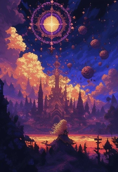 score_9, score_8_up, score_7_up, ethereal pixel art, (dreamy:1.3) landscape, (soft glow:1.2), whimsical creatures, vibrant colors, floating islands, starry sky, intricate details, serene atmosphere, by (Yoshitaka Amano:1.4), enchanting mood. d3p1x3l, pixel art,