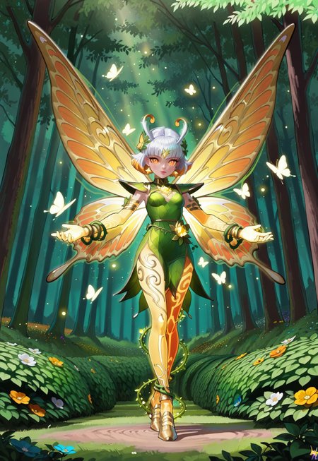 masterpiece, best quality, very aesthetic, absurdres, intricate details, 4k, semi realistic, cartoon, fantasy, orange energy around, green energy around, aura, gold dust particles surrounds her, dynamic pose, fighting stance, score_9, score_8_up, score_7_up, score_6_up, score_5_up, 18 years old, full body, newest, short girl, young, lora:AMarvelRivals_style:1 marvelrivals.

A radiant forest spirit fairy stands in a powerful yet elegant stance, her body glowing with a mystical aura. Her luminous golden butterfly eyes shimmer like captured sunlight, framed by long, silver-white lashes. A soft blush dusts her cheeks, complementing her cute button nose and delicate facial structure. Wisps of silver bob-cut with a honey-gold ombre cascade around her, interwoven with small flowers and vibrant green leaves.

Her translucent butterfly-like wings, infused with warm orange hues and glowing golden veins, flutter with a fiery radiance, leaving behind a faint trail of shimmering light. Small, curled antennae extend from her forehead, sensing the life force around her.

She wears a leaf dress woven from deep green foliage, elegantly wrapped around her form like living armor, adorned with tiny glowing amber gemstones. Vines coil around her arms, trailing down to her wrists. Swirling gold dust dances around her as she channels both the energy of the forest and the raw power of nature, exuding both serenity and unyielding strength.