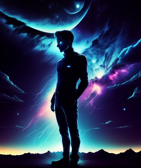 a man looking at the camera, nebula sky moon in the background