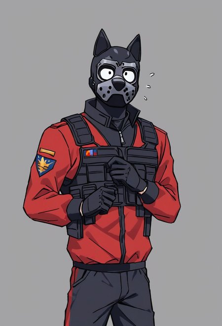 20yo male, (pup mask), masculine, cute square face, bully, horny, fit skinny body, dominating, swat soldier, multicolor jacket, tactical vest, sweatpants