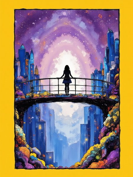 An illustrated image of a woman standing on a bridge made of light, overlooking a city of crystals. <lora:InkEdgeMono-Complex_Epoch-08:1.0> 1NK3D63-M0N-C0M,  
<lora:inkedgemono-simple_epoch-08:0.6> 1NK3D63SIM, 
background is wisteria violet <lora:Midjourney_Whisper_AgateX_v1:0.7>, border is amber yellow
 <lora:Midjourney_Whisper_Minimal:1.0>
| no deformed hands, no too many limbs, no too many fingers,