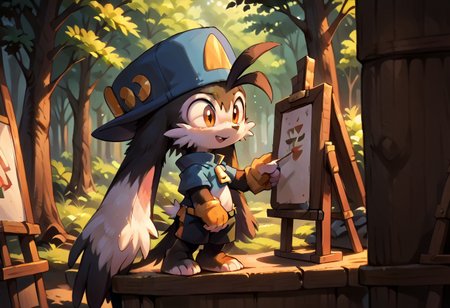score_9, score_8_up, score_7_up, score_6_up, score_5_up, score_4_up, <lora:Klonoa_Character_PonyXL:0.8> ,  Klonoa, two long ears, fur, anthro, Klonoa, g5, rich colors, forest operations, forest, thicket, communal appearance , presents a painting of rabbits and pony, aroused, front view, detailed background, detailed, 8k quality, side view, beautiful, teasing, easel and brushes, leaned to the floor, freely actions,