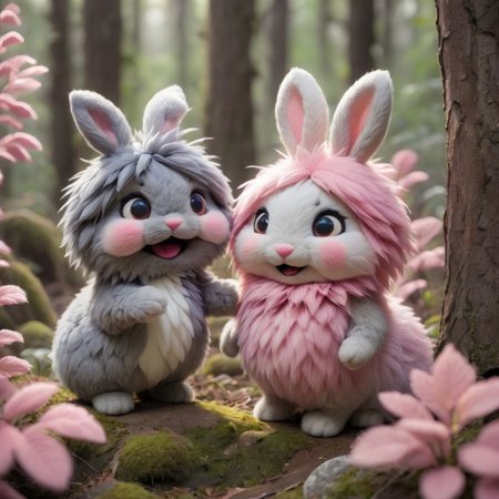 source_anime, Cute wonderful creatures, Microphotography, chibi, cute  fluffy rabbits ,pink and grey, in a dreamy forest, ispzxll, In a felt puppet world style,