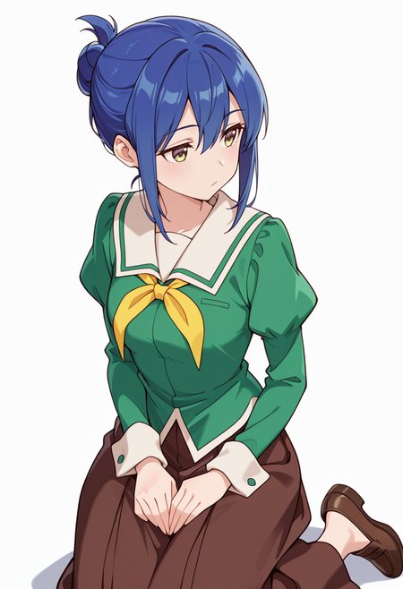 masterpiece,high quality details,absurdres, 
kanoko_cnr, 1girl, blue hair,hair between eyes, sidelocks, single hair bun,
kanoko_s1,green shirt,white sailor collar, serafuku,juliet sleeves,long skirt, green dress, loafers,dark-brown skirt, <lora:Mamiya_Kanoko:0.8>, simple background, white background, sideways,solo,, :/,
