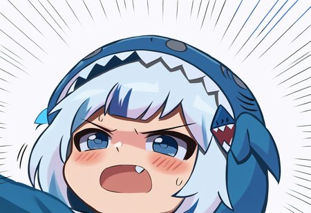 score_9, uncensored, source_anime
BREAK
1girl, pitm, pitvitm, gawr gura, gawr gura 1st costume, solo, hair ornament, hood up, hoodie, shark girl, emphasis lines, open mouth, fang, hair between eyes, white background, v-shaped eyebrows, blush, simple background, portrait, blue hoodie, angry sharkie noices, upper teeth only
<lora:duhota_v4-1_adafactor:1> <lora:gawr_gura_sdxl_pony:1>