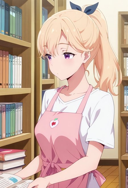masterpiece,best quality, Super Detail, highest quality,amazing quality, ayase saki, blonde hair, purple eyes, 1girl, solo, apron, ponytail, ribbon, shirt, book, bookshelf, long hair, white shirt, indoors, hair ribbon